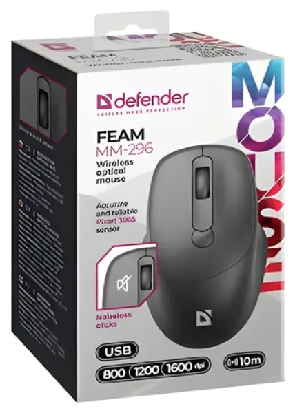 Defender FEAM MM-296 čierna / Bezdrôtová optická myš / 1600 DPI / 10 m / 2.4 GHz (52296)