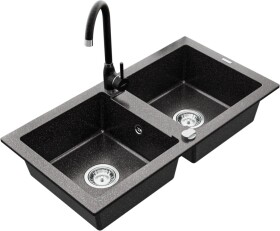 MEXEN/S MEXEN/S - Mario granitový drez 2-bowl vrátane batérie Telma, čierna kropenatý 6504-76-670200-76