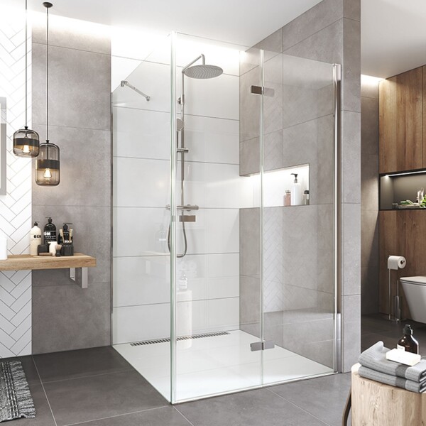 Mereo Sprchovací kút, Novea, štvorec, zalamovací, 100x100 cm, chróm ALU, sklo Číre, dv. pravé a pevný diel CK13833ZP