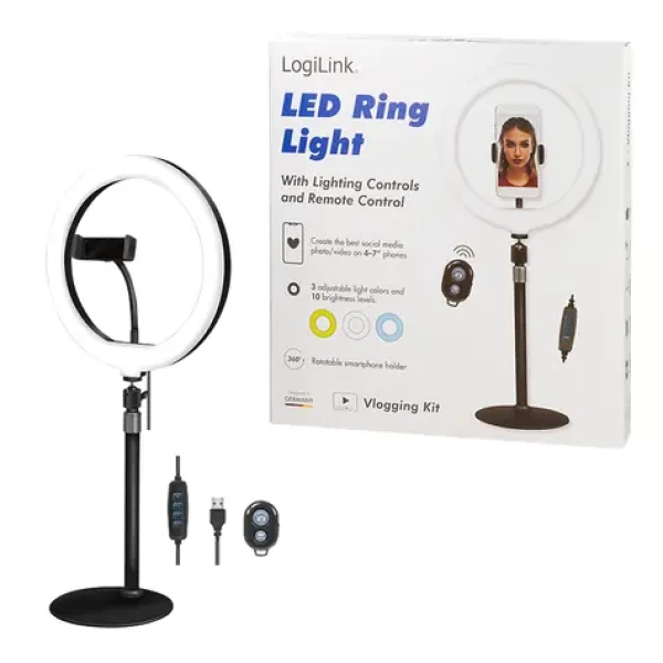 LogiLink Statív s kruhovým LED svetlom / Statív / Diaľková spúšť / O 25 cm / 700 lm (AA0152)