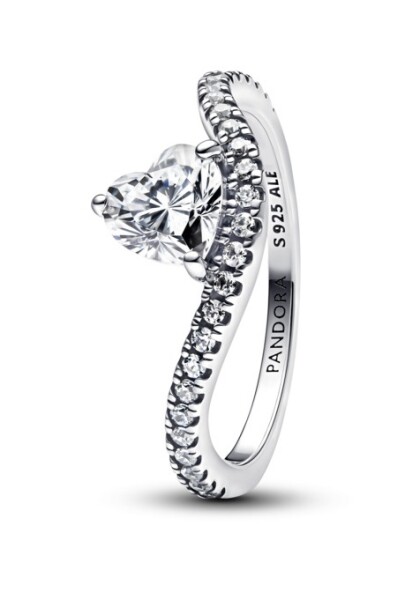 Pandora Strieborný vlnitý prsteň Srdce so zirkónmi Timeless 193661C01 60 mm