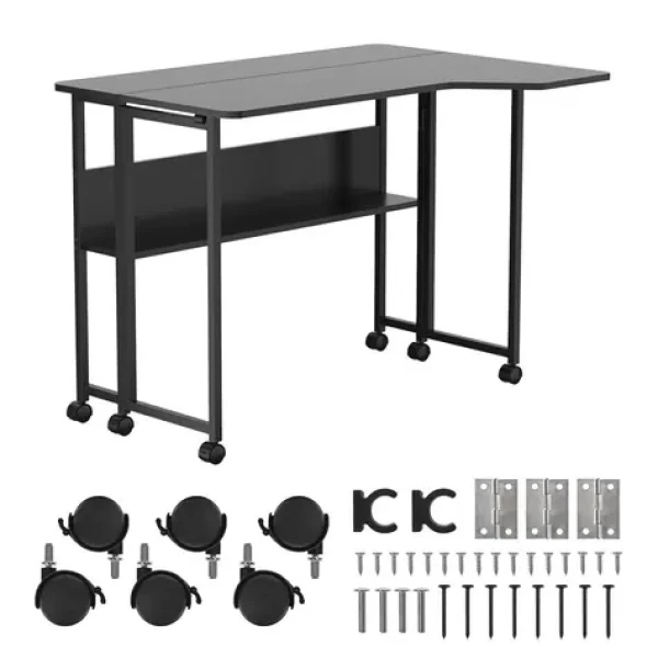 Maclean MC-126 L/B čierna / Skladací stôl / mobilný / 100x73 cm / zalomený, L-tvar / nosnosť 50 kg / s policou (MC-126 L/B)