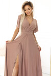 581-4 JENNIFER trblietavé dlhé šaty s rukávmi a výstrihom - MOCHA MOUSSE WITH BROKER M