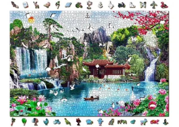 Wooden City Drevené puzzle Vodopády v japonskej záhrade 2v1 - 2000 dielikov EKO