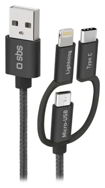 SBS čierna / Kábel 3v1 USB-A na Lightning USB-C Micro-USB / 1,2 m (TECABLEUSBIP531BW)