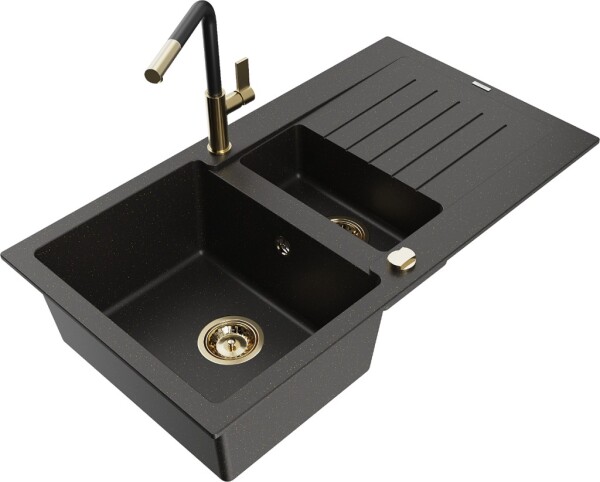 MEXEN/S MEXEN/S - Matias granitový drez 1.5 s odkvapkávačom vrátane batérie Flora, čierna/zlatá 6502-75-670401-57-G