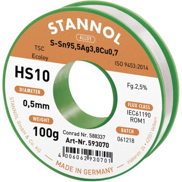 Stannol HS10 2510 spájkovací cín bez olova cievka Sn95,5Ag3,8Cu0,7 ROM1 100 g 0.5 mm; 631900