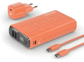 RealPower PB-20000 oranžová / Powerbanka 20000 mAh / Set / 2x USB-A / USB-C / LED displej (390656)