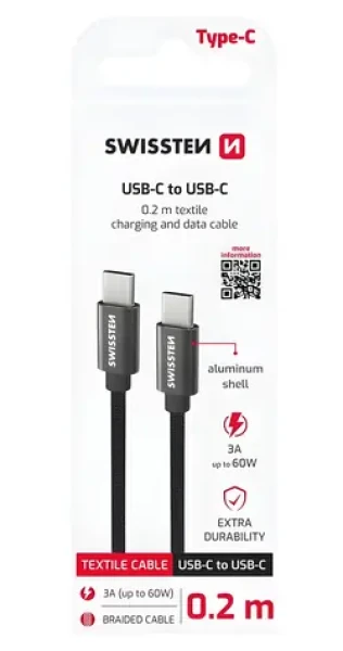 Swissten Textile čierna / Dátový kábel / USB-C na USB-C / 0,2 m (71527208)