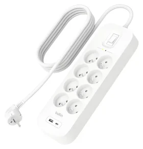 Belkin Predlžovací kábel s prepäťovou ochranou / Predlžovací kábel / 8x zásuvka / USB-A + C / 900J / 2m (SRB003ca2M)