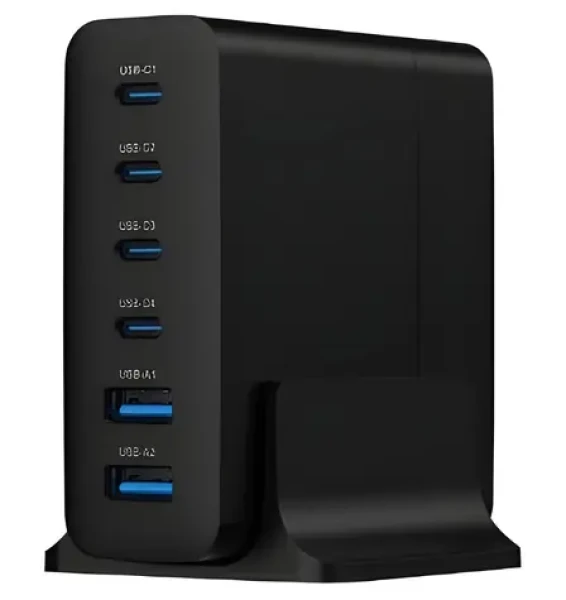 Gembird TA-UC-2A4C-PD75-01-BK čierna / Nabíjacia stanica / 75 W / 4X USB-C PD 25 W / 2x USB-A QC 3.0 18 W / GaN (TA-UC-2A4C-PD75-01-BK)