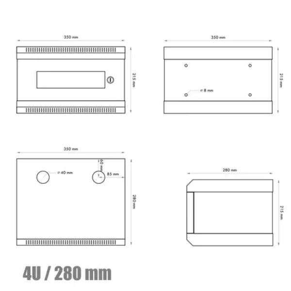 DATACOM 10" rack jednodielny 4U 280 čierne / Nástenný rack / sklenené dvere (7030)