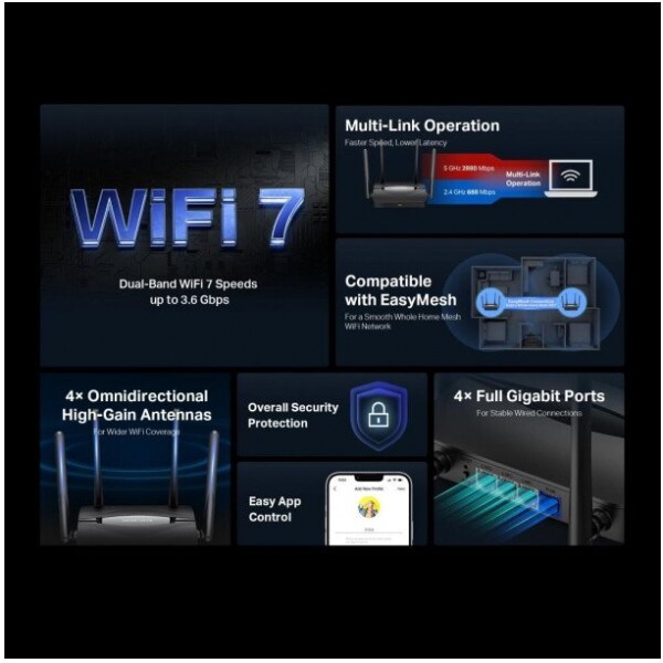 Mercusys MERCUSYS MR25BE EasyMesh WiFi7 router (BE3600, 2,4GHz/5GHz,1xGbEWAN,3xGbELAN)