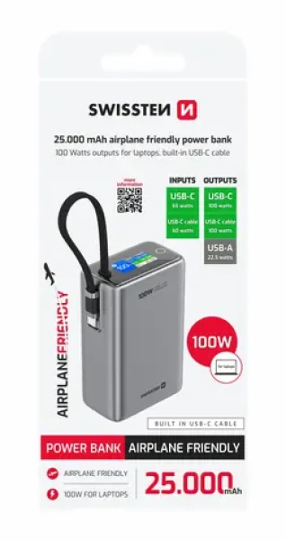 Swissten 22013977 Cestovná powerbanka 25000 mAh s integrovaným USB-C káblom 100W sivá (22013977)