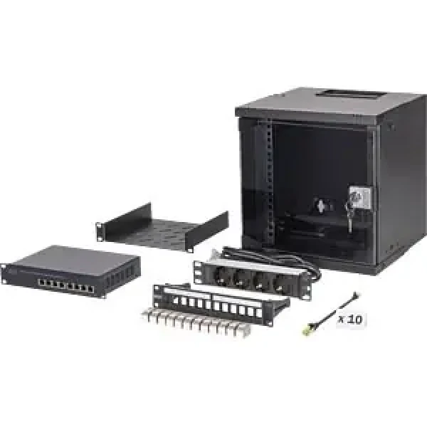 Digitus 10" Sieťová sada 6U čierna / Nástenný rozvádzač / switch 8 Port / patch panel 12 Port / IP20 (DN-49101-SET)