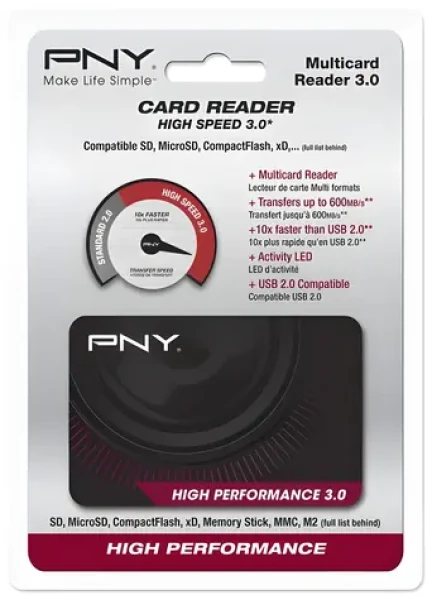 PNY High Performance Reader 3.0 čierna / Čítačka pamäťových kariet / USB 3.2 Gen 1 / 5000 Mbit/s / CF, SD, microSD, MS, xD (FLASHREAD-HIGPER-BX)