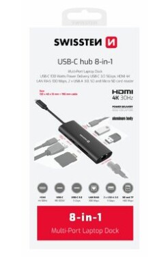 Swissten USB-C HUB 8-IN-1 / USB-C PD / USB-C 3.0 / 2x USB 3.0 / LAN / HDMI / SD / MicroSD / hliník (44040203)