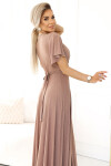 581-4 JENNIFER trblietavé dlhé šaty s rukávmi a výstrihom - MOCHA MOUSSE WITH BROKER M