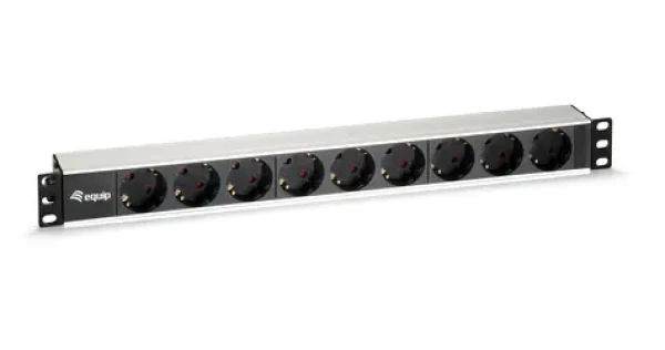 Equip 19" Zásuvkový panel čierna / strieborná / Zásuvkový panel / 1U / 9x Schuko / 16 A / hliník (333292)