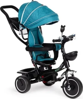 ECOTOYS Trojkolka so strechou a vodiacou tyčou modrozelená (JM-066-9 GREEN/BLUE)