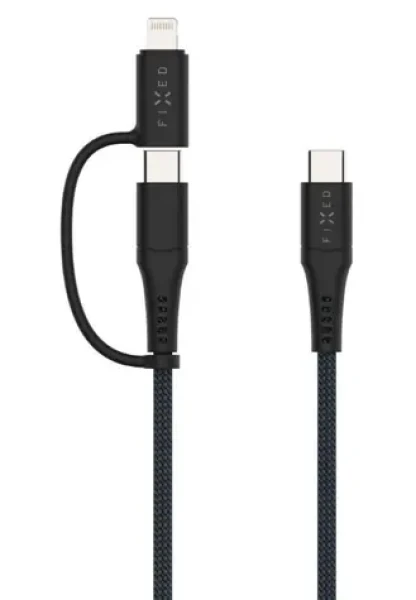FIXED Dlhý nabíjací a dátový opletený kábel s konektormi USB-C/USB-C a Lightning adaptérom PD 3M MFi PD 60W sivý (FIXDB-CCL3-GR)