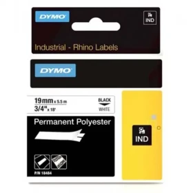 Dymo originálna páska do tlačiarne štítkov 19mm x 5.5m / čierna tlač / biely podklad / RHINO permanentná polyesterová D1 (18484-D)