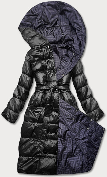 Čierna obojstranná dlhá bunda s kapucňou (p22-6638-1) odstíny fialové 56