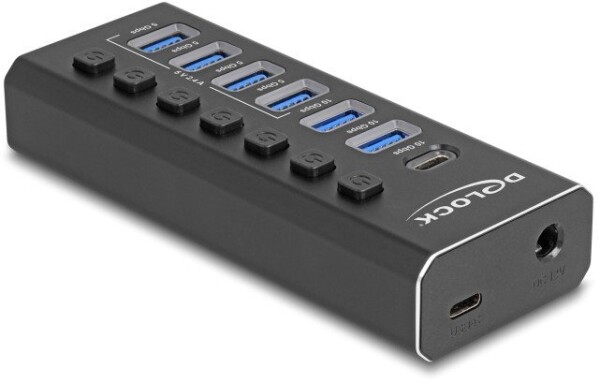 Delock DELOCK 7 Port USB Hub mit 4 Ports 10 Gbps und 4 Schnellladeports 5 Gbps mit Schalter und Beleuchtung