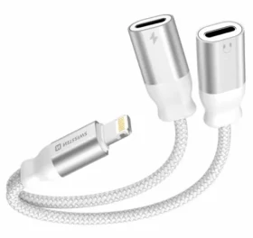 Swissten TEXTILE Nabíjací audio adaptér Lightning (M) - 2x Lightning (F) 0.12m biela (73502306)