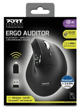 PORT CONNECT ERGO AUDITOR čierna / Bezdrôtová ergonomická myš / Bluetooth + 2,4 GHz / 4 800 DPI / 6 tlačidiel (910204)
