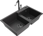 MEXEN/S MEXEN/S - Tomas granitový drez 2-bowl vrátane batérie Flora, čierna kropenatá 6516-76-670401-07-B
