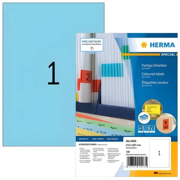 Herma Etikety A4 modrá / Etikety / 210x297 mm / papier matný / 100 ks (4403)