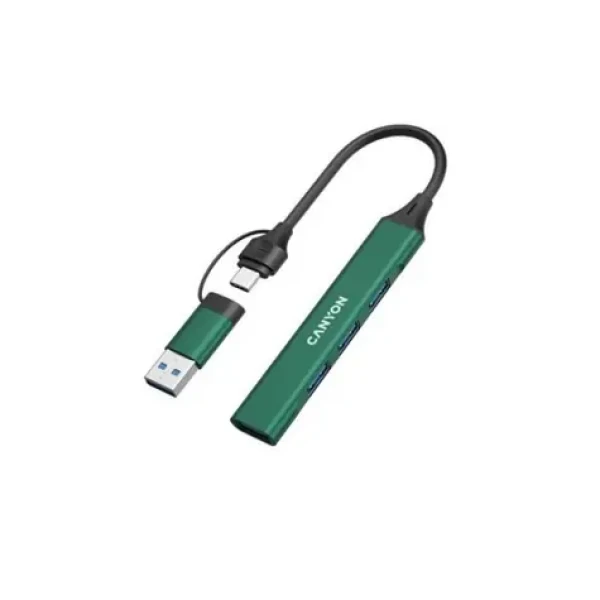 Canyon DS-02 zelená / USB hub / 4 porty / 3x USB 2.0 480 Mbps / 1x USB 3.0 5 Gbps / adaptér USB-C/USB-A (CNS-TDS02GR)