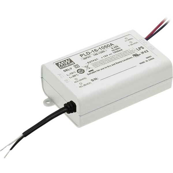 MEAN WELL PLD-16-1050B LED driver konštantný prúd 16 W 1.05 A 12 - 16 V/DC bez možnosti stmievania; PLD-16-1050B