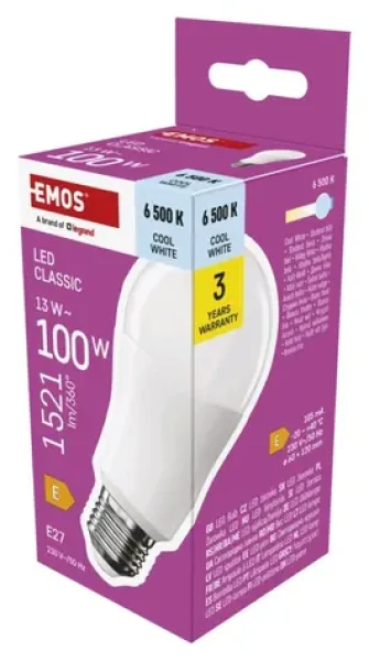 Emos Classic A60 13W studená biela / LED žiarovka / 100W E27 / 1521 lm / 6500K (1525733123)