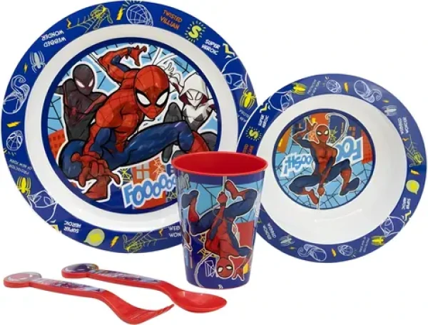 STOR Detská jedálenská sada Spiderman 5 dielov / Detský riad / Tanier, miska, príbory, kelímok / Bez BPA (83550)