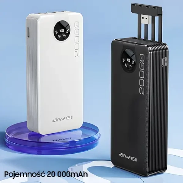 Awei P134K čierna / Powerbanka / 20000mAh / LED displej / USB-C, Lightning, MicroUSB káble (P134K)