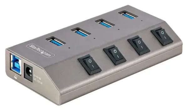StarTech USB Hub 4 porty sivá / USB rozbočovač / 4X USB-A / jednotlivé vypínače portov / napájací adaptér (5G4AIBS-USB-HUB-EU)