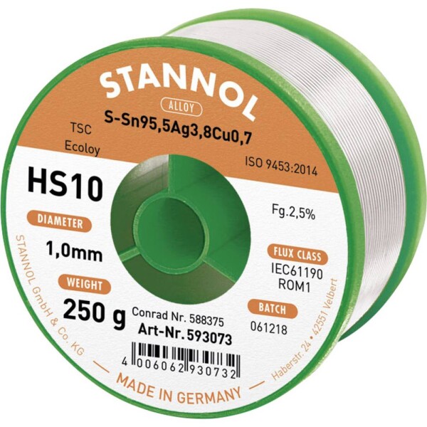 Stannol HS10 2510 spájkovací cín bez olova cievka Sn95,5Ag3,8Cu0,7 ROM1 250 g 1 mm; 593321