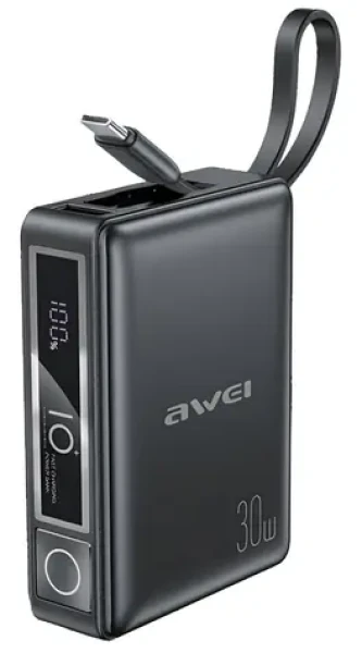 AWEI P87K čierna / Powerbanka / 10000mAh / 30W / integrovaný kábel USB-C + Lightning (P87K)