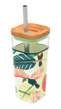 Quokka Sklenený cestovný hrnček so slamkou Liquid Cube Tropical Toucans 540 ml (40056QO)