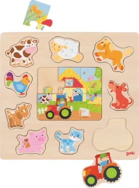 GOKI Drevená vkladačka + Puzzle Zvieratká z farmy