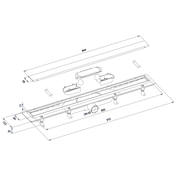 POLYSAN - FLISE podlahový žľab s roštom z nerezové oceli na dlaždice, L-910, DN50 73691