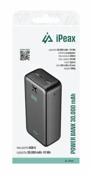 IPEAX Powerbanka 30000 mAh 10.5W čierna / 2x USB-A (90010120)