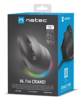 Natec CRAKE 2 PRE čierna / Vertikálna myš / Optická / Pre pravákov / 12 400 DPI / Drôtové USB-A / 6 tlačidiel (NMY-2272)