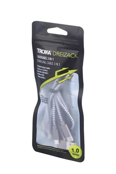 TROIKA DREIZACK / Nabíjací kábel 3v1 / USB-C / Micro-USB / Lightning / 1 m / 2,5 A / PD (CBL30/GY)