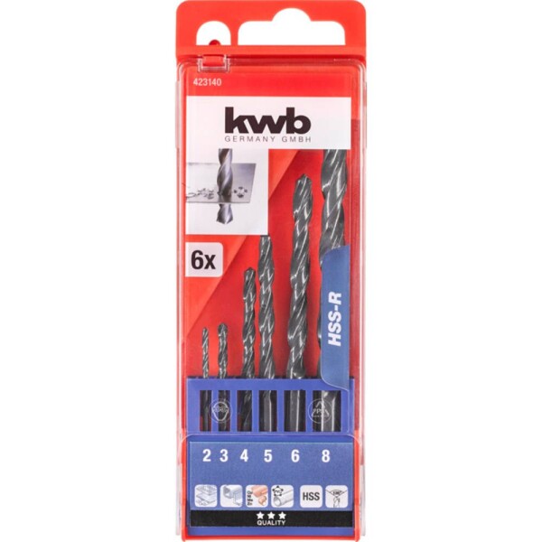 Kwb 423140 HSS sada špirálových vrtákov do kovu 6-dielna 2 mm, 3 mm, 4 mm, 5 mm, 6 mm, 8 mm DIN 338 valcová stopka 1 ks; 423140