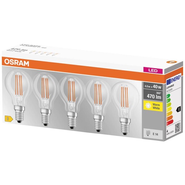 OSRAM 4058075090668 LED En.trieda 2021 E (A - G) E14 kvapkový tvar 4 W = 40 W teplá biela (Ø x d) 45 mm x 78 mm vlákno 5 ks; 4058075090668