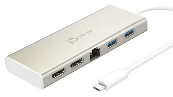 J5Create USB-C Dual HDMI Multi Dock biela / Dokovacia stanica / 2x HDMI / 3x USB-A / RJ-45 / hliník (JCD381-N)