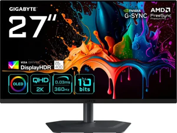 27" GIGABYTE MO27Q3 čierna / Monitor / QD-OLED / 2560x1440 / 16:9 / 360Hz / 0.03ms / 250cd-m2 / HDMI + DP + USB-C / VESA (MO27Q3 EK)